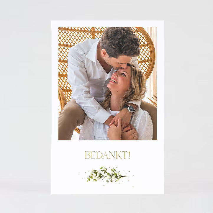 Bedankkaart bruiloft met foto en bloementakje