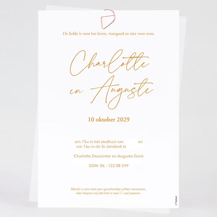 Huwelijkuitnodiging minimalistische met kalkpapier, folie en foto
