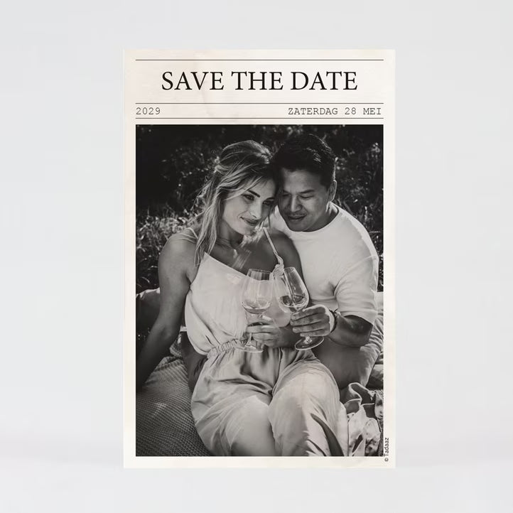 Huwelijkuitnodiging krant met foto's